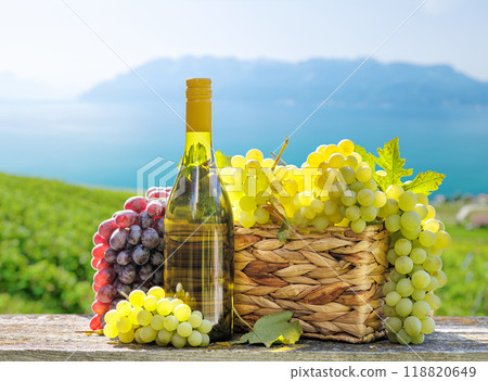 Bottle of white wine and basket of grape 118820649