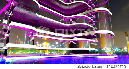 A building with a glass facade. A pool with blue lighting. The reflection of hotel complex lights in the glass at night. 3D rendering. A building with a glass facade. A pool with blue lighting. The reflection of hotel complex lights in the glass at night. 3D rendering. 118820723