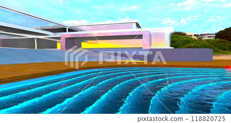 A cold morning. The pool with illuminated steps. The pool is near a luxury hotel. 3D rendering. A cold morning. The pool with illuminated steps. The pool is near a luxury hotel. 3D rendering. 118820725