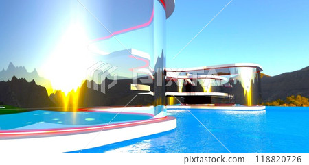 A fantastic mountain sunrise reflected in the glass exterior of an exclusive hotel with a blue pool. 3d rendering. A fantastic mountain sunrise reflected in the glass exterior of an exclusive hotel with a blue pool. 3d rendering. 118820726
