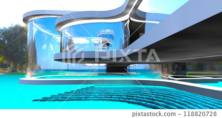 A luxurious hotel with a turquoise pool on a tropical island. Illuminated steps leading into the water. 3D rendering. 118820728