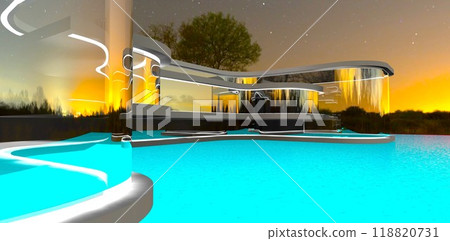A modern spa hotel with a luxurious pool. The glass facade reflects the nighttime landscape. 3D rendering. 118820731