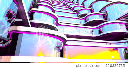 An alluring sunrise reflected in the glass facade of a prestigious hotel complex in the capital of Delaware. 3D rendering. 118820735