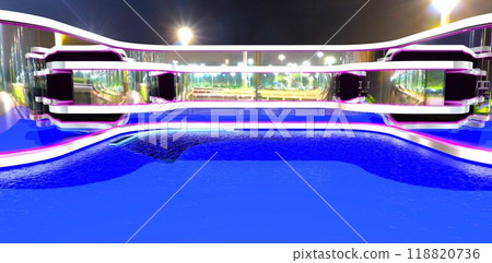 Blue lighting illuminating the pool of a newly built hotel designed by advanced engineers in the tourism industry. 3D rendering. Blue lighting illuminating the pool of a newly built hotel designed by advanced engineers in the tourism industry. 3D rendering. 118820736