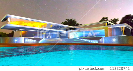 Design of advanced real estate. Steps are visible beneath the clear water of a spacious pool. Lighting illuminates the staircase in front of the entrance at night. 3D rendering. 118820741