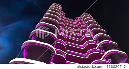 Design of the facade of a prestigious tourist building. View from below against the night sky with purple LED lighting. 3D rendering. 118820742