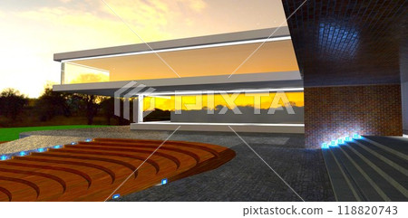 Exit from the hotel. A wide semicircular staircase with concrete porch steps. A beautiful summer night. 3D rendering. 118820743