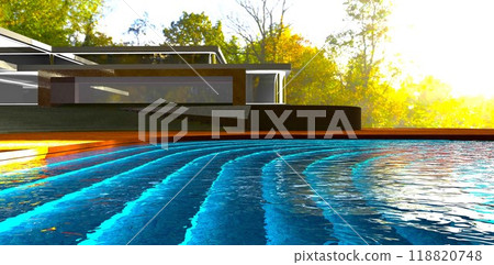 Gentle ripples on the surface of the pool at a villa set in a sunny autumn forest. Illuminated steps. 3D rendering. 118820748