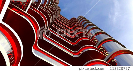 Red LED lighting on the facade of a prestigious condominium in Canberra. View from below. 3D rendering.. Red LED lighting on the facade of a prestigious condominium in Canberra. View from below. 3D rendering.. 118820757