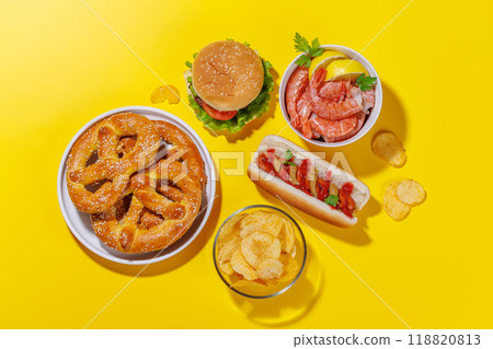 A vibrant photo showcasing various beer snacks and fast food 118820813