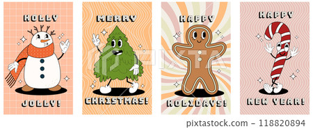 Happy holidays greeting cards set in retro groovy style. Groovy posters with snow man, Christmas tree, gingerbread man, candy cane characters. Happy holidays 2024. Vector illustration 118820894