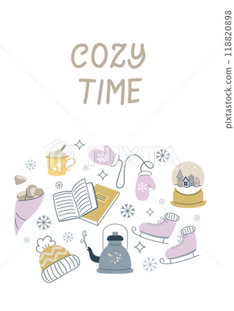 Christmas card, hand drawn cute flyer. Postcard with lettering and cute winter elements. Flat vector illustrations. 118820898