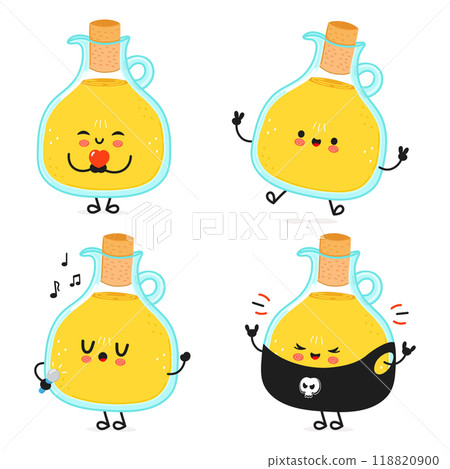 Funny Olive oil characters bundle set. Vector hand drawn doodle style cartoon character illustration icon design. Cute Olive oil mascot character collection 118820900
