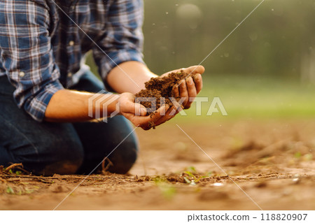 Close-up of a farmer's strong hands on a black field. Concept of gardening, ecology. 118820907
