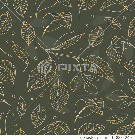 Seamless pattern background of gold leaves on a green background 118821240