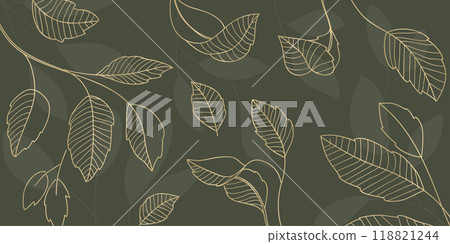 Gold leaves hand drawn isolated on green background.Vector illustration Gold leaves hand drawn isolated on green background.Vector illustration 118821244
