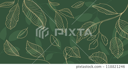 Gold botanical leaves hand drawn isolated on green background.Vector illustration 118821246