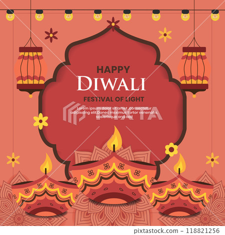 Traditional diwali festival card with diya lamp,candles ,lanterns and flowers.Vector illustration Traditional diwali festival card with diya lamp,candles ,lanterns and flowers.Vector illustration 118821256