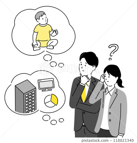 Illustration of a young couple struggling to balance work and childcare 118821340
