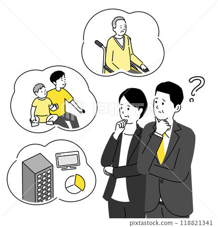 Illustration of a couple struggling to balance childcare, nursing care, and work Illustration of a couple struggling to balance childcare, nursing care, and work 118821341