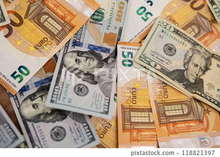 Dollar and euro bills illustrate concept of currency correlation helping anticipate market reactions to geopolitical events and manage associated risks 118821397