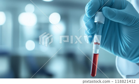 Gloved hand holding 'MPox' blood sample, representing medical testing and diagnosis for monkeypox. 118821412