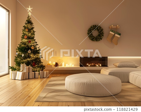 Christmas living room with a lit fireplace decorated tree and presents on the floor Christmas living room with a lit fireplace decorated tree and presents on the floor 118821429
