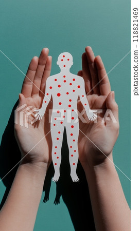 Hands cupping a paper figure covered with red spots, representing the monkeypox virus. Focus on virus transmission and public health Hands cupping a paper figure covered with red spots, representing the monkeypox virus. Focus on virus transmission and public health 118821469