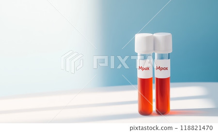 Two test tubes labeled 'Mpox' filled with red liquid in a sterile laboratory setting. Healthcare research on monkeypox virus. 118821470