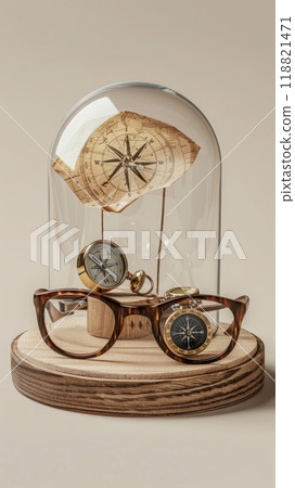 Travel concept with globe, compass, sunglasses, and map, blue background, adventure, exploration, navigation, vacation, vintage 118821471