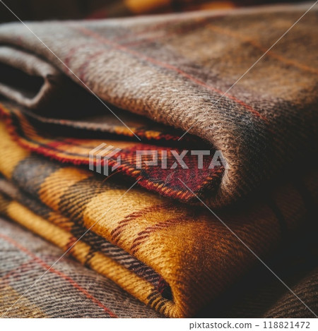 Wool plaid blanket folded on a rustic wood surface cozy and warm fall setting Wool plaid blanket folded on a rustic wood surface cozy and warm fall setting 118821472