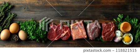 Fresh eggs, raw steak, and herbs on a wooden surface. A rustic combination for keto and carnivore diets. 118821515