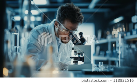 Male scientist analyzing virus under a microscope in a modern laboratory. Focus on virus research and diagnostics 118821516