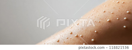 Close-up of skin with small raised blisters and bumps showing signs of monkeypox rash and infection symptoms. 118821536