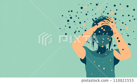 A woman silhouette with hands on her head surrounded by virus particles, representing stress and confusion caused by viral outbreaks. A woman silhouette with hands on her head surrounded by virus particles, representing stress and confusion caused by viral outbreaks. 118821553