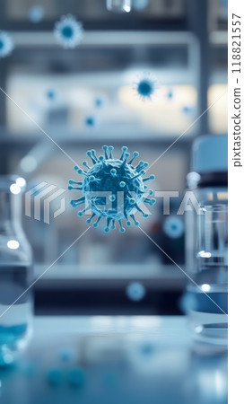 Blue virus particle floating in a sterile lab environment. Depicting virus mutation and healthcare response. 118821557