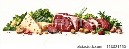 Wide arrangement of meats, cheeses, nuts, and vegetables on a white background. Keto and carnivore diet concept focused on protein and low-carb foods. 118821560