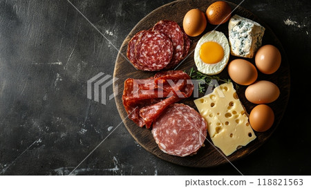 Charcuterie board with salami, eggs, cheese, and cured meats. Perfect for carnivore or keto diet enthusiasts. 118821563