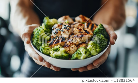 Bowl of grilled chicken and broccoli, a protein-packed meal for keto and fitness diets. Nutrient-rich and weight loss-friendly 118821564