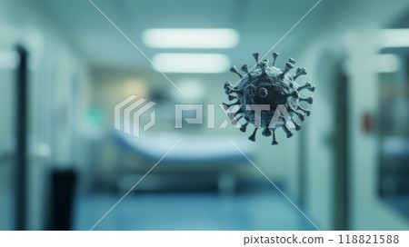 Detailed 3D rendering of monkeypox virus floating in a healthcare facility. Symbol of viral outbreak and healthcare efforts. Detailed 3D rendering of monkeypox virus floating in a healthcare facility. Symbol of viral outbreak and healthcare efforts. 118821588