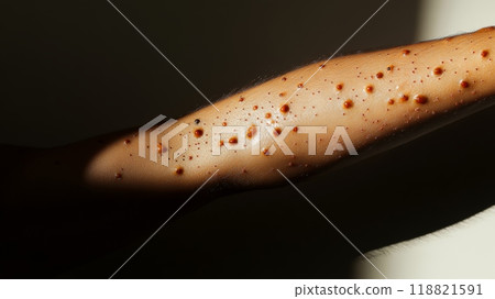 Man's freckled hands with visible red spots from monkeypox infection. Emphasizing contagious symptoms and viral infection. Man's freckled hands with visible red spots from monkeypox infection. Emphasizing contagious symptoms and viral infection. 118821591