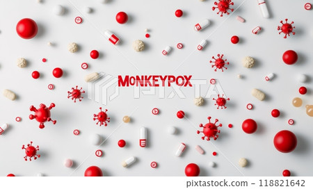 Monkeypox text with red virus particles and pills on a white background. Represents viral outbreak and treatment. 118821642