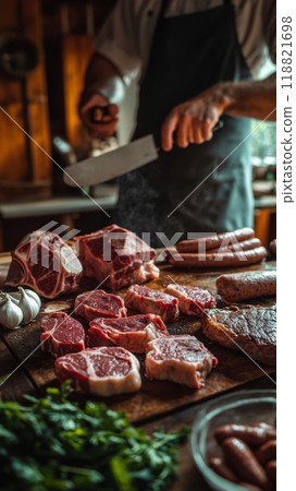 Chef slicing raw lamb and sausage on a wooden table surrounded by fresh ingredients. Perfect for carnivore diets. 118821698