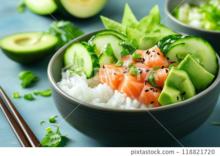Fresh salmon rice bowl with cucumber and avocado garnishes 118821720
