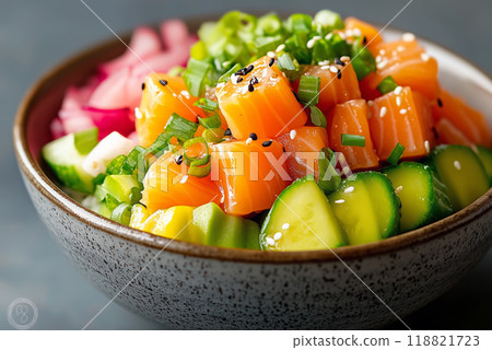 Fresh salmon poke bowl with cucumbers and radishes 118821723