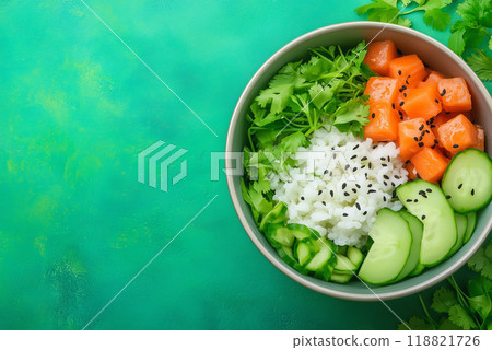 Fresh poke bowl with salmon, cucumber, and cilantro 118821726
