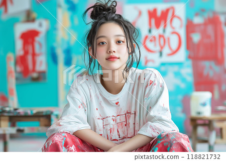 Young artist in a vibrant studio surrounded by colorful paint splashes and creative expression 118821732