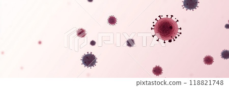 Microscopic close-up of virus particles floating in the air against a light background. Depiction of viral spread and infection awareness 118821748