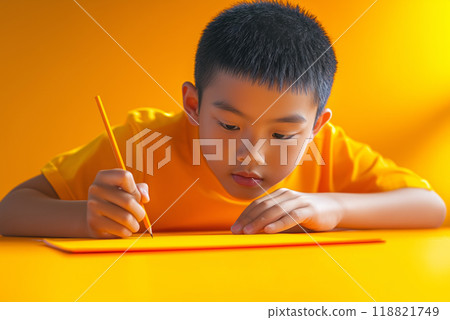 Young boy in bright orange shirt sketching on a yellow surface during daytime 118821749
