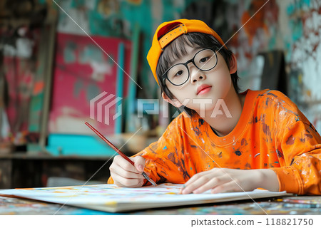 A young child wearing glasses and an orange shirt painting in a colorful art studio A young child wearing glasses and an orange shirt painting in a colorful art studio 118821750